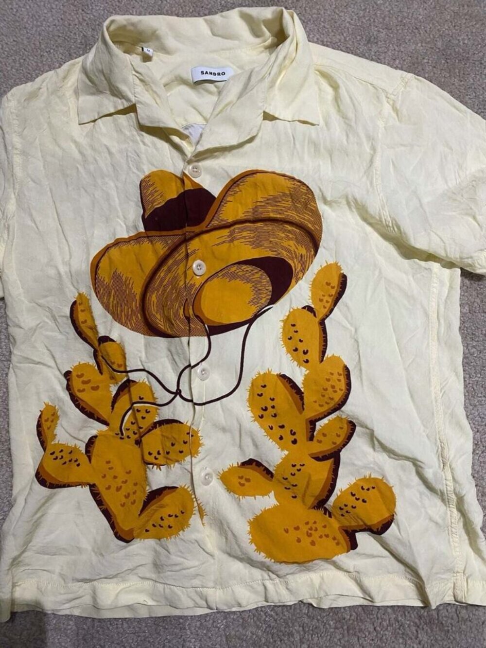 Sandro Camp Collar Shirt Pale Yellow Cowboy Hat Cactus Print